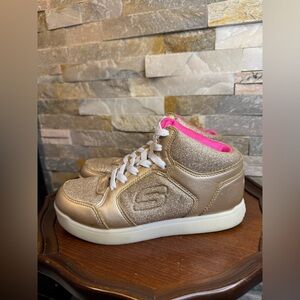 Kids Sz 2 Skechers Energy Lights E-Pro Glitter Glow Gold Blinking Sneakers EUC